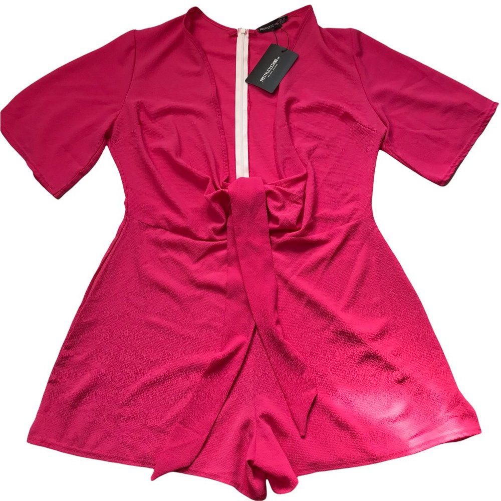 Pretty Little Thing, Pink Zip Up Short Sleeve Romper. pink closest to last pic